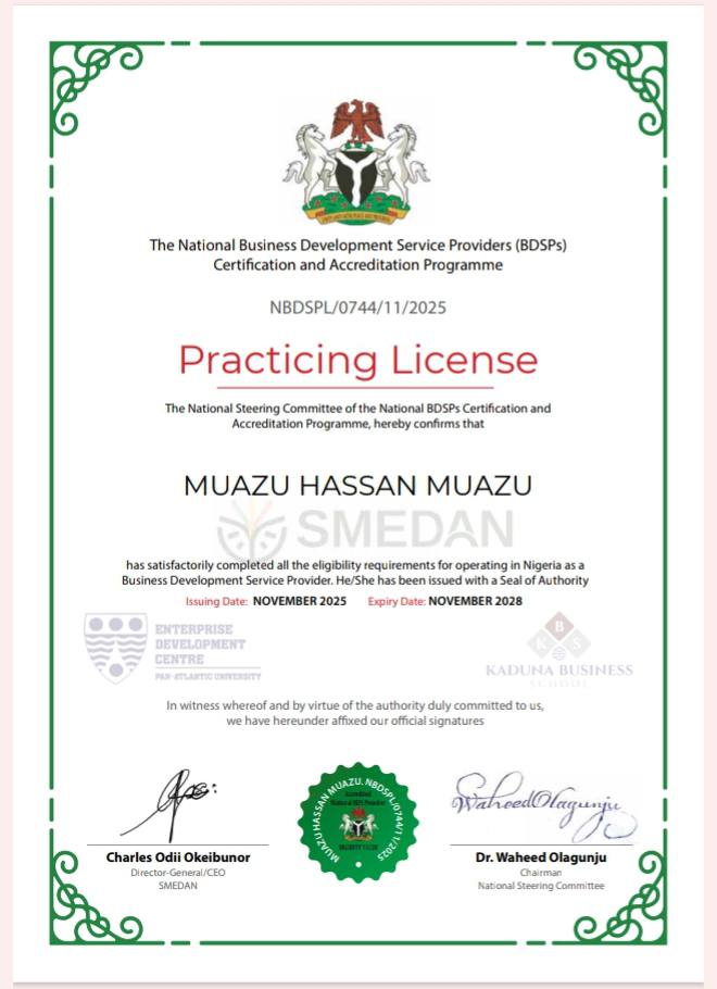Practicing License - Muazu Hassan Muazu, National Business Development Service Provider (BDSP)